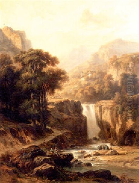 A Waterfall Cascading Through A Mountainous Landscape Oil Painting by Horace-Antoine Fonville