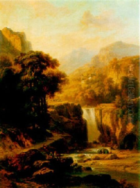 Hameau De Montagne, Cascades, Bergers Et Pecheurs Oil Painting by Horace-Antoine Fonville