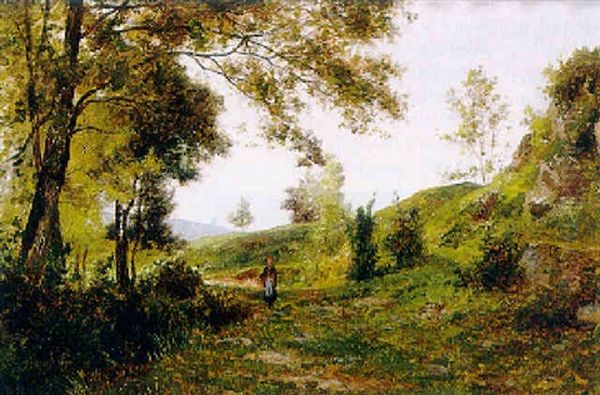 Besonnte, Hugelige Landschaft Mit Waldrand Und Figurenstaffage Oil Painting by Horace-Antoine Fonville