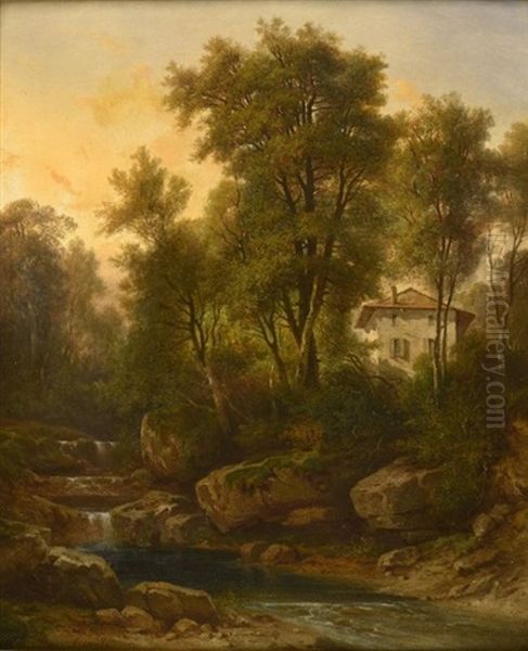 Maison Pres Du Cours D'eau Oil Painting by Nicolas-Victor Fonville