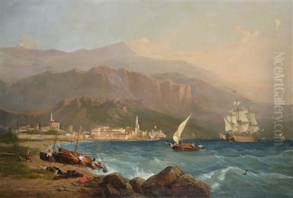 Navires Et Embarcations De Pecheurs Aux Abords Dun Port Du Moyen Orient Oil Painting by Nicolas-Victor Fonville