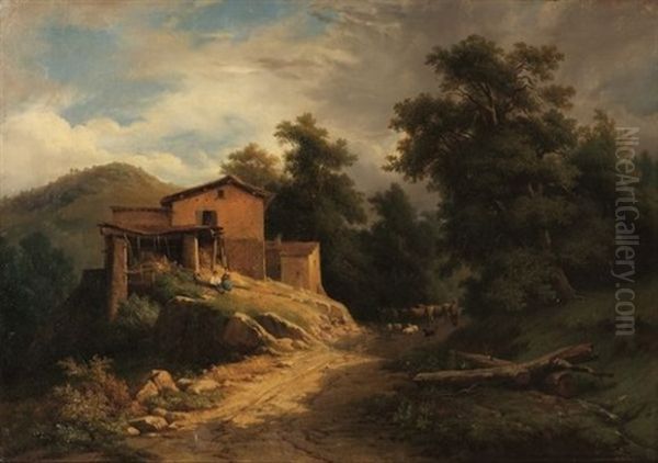 Bergers Devant Une Maison Oil Painting by Nicolas-Victor Fonville