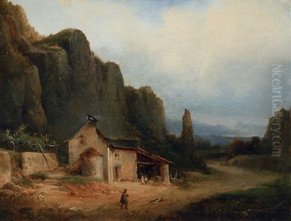 Wanderer With Dogs In A Mountainous Landscape Oil Painting by Nicolas-Victor Fonville