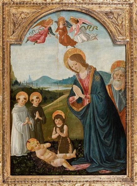 L'adoration De L'enfant Jesus Avec Saint Jean-baptiste, Saint Joseph, Un Saint Chartreux Et Un Saint Franciscain by Gherardo di Giovanni del Fora