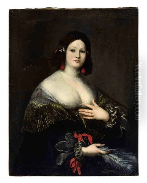 Portrait Of A Woman, In A Black, Gold-trimmed Dress, Holding A Feather Fan Oil Painting by Girolamo Forabosco