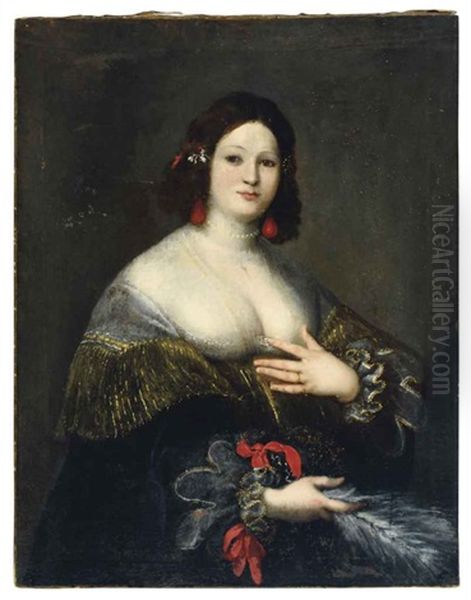 Portrait Of A Woman, In A Black, Gold-trimmed Dress, Holding A Feather Fan Oil Painting by Girolamo Forabosco