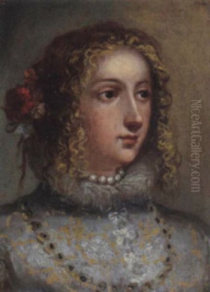 Ritratto Di Donna Con Collana Di Perle E Fiori Nei Cappelli Oil Painting by Girolamo Forabosco