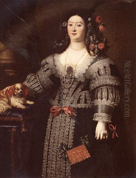 A Portrait Of A Lady Wearing A Black And Silver Dress, Holding A Fan In Her Right Hand, Together With Her Pet Spaniel Beside Her Oil Painting by Girolamo Forabosco