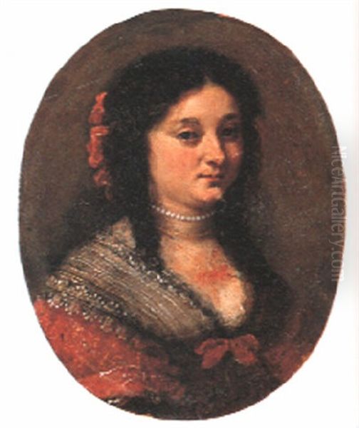 Portrait Of A Lady, Bust Length, Wearing Red Dress by Girolamo Forabosco