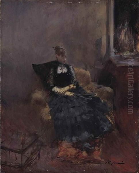 Elegante A La Robe Noire Dans Un Fauteuil Oil Painting by Jean-Louis Forain