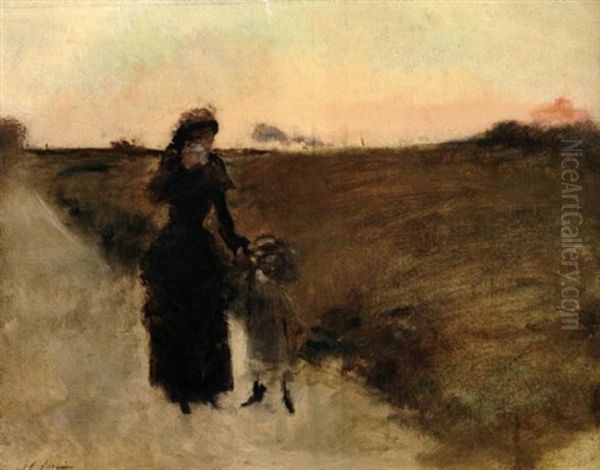 Le Depart, Mere Pleurant Et Enfant Sur Un Chemin, Au Loin Train Partant Oil Painting by Jean-Louis Forain