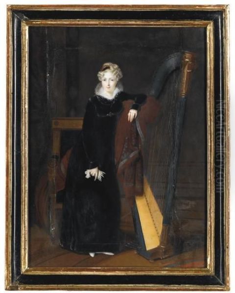 Portrait Of A Lady In A Black Dress With White Lace Collar, Standing Beside A Harp Oil Painting by Louis Francois Aubry