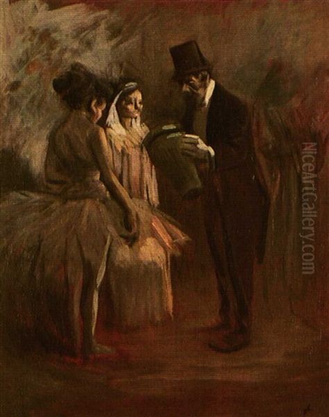 A Dance Master With Two Ballerinas Oil Painting by Jean-Louis Forain