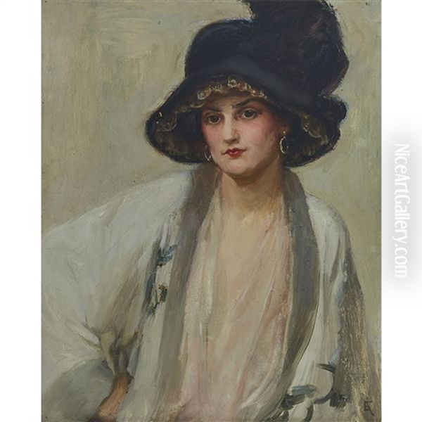 Lady In A Black Hat Wearing A Japanese Kimono Oil Painting by Elizabeth Adela Forbes