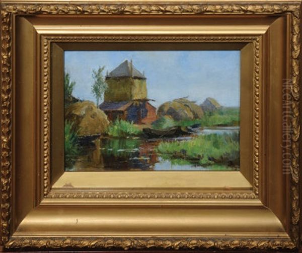 Haystacks - Dutch Farmstead Oil Painting by Elizabeth Adela Forbes