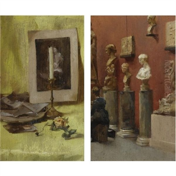 Museum Interior (+ Still Life With A Candle; 2 Works) Oil Painting by Elizabeth Adela Forbes