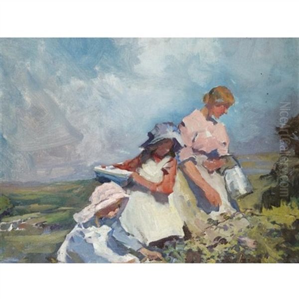 Study For 'blackberry Gatherers' Oil Painting by Elizabeth Adela Forbes