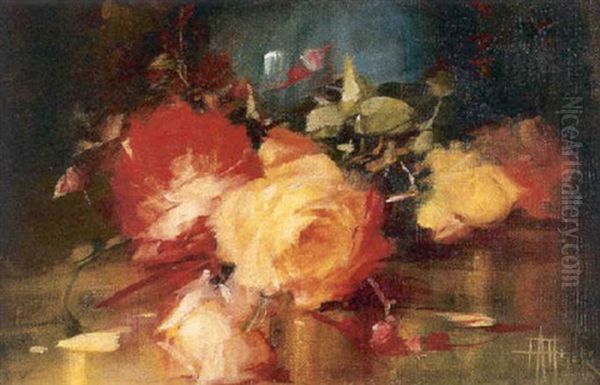 Still Life Of Roses To Be Arranged In A Blue Vase Oil Painting by Elizabeth Adela Forbes