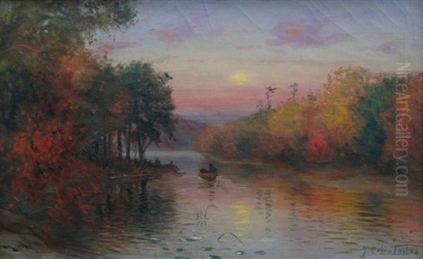 Autumn Lake Scene With Canoe Oil Painting by John Colin Forbes