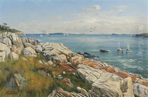 Rocky Shoreline With Distant Boats Oil Painting by John Colin Forbes