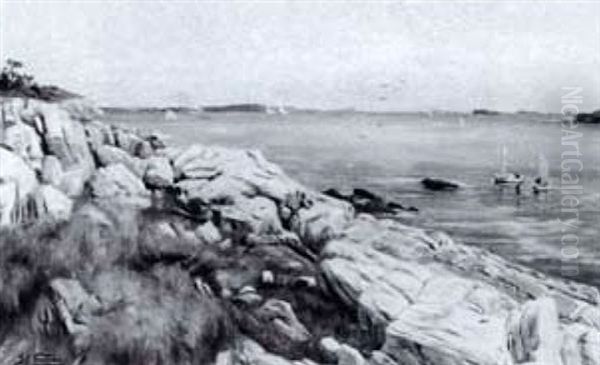 Rocky Shoreline With Distant Fishing Boats Oil Painting by John Colin Forbes