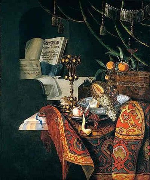 A Still Life Of Fruit In A Porcelain Bowl, Upon A Pewter Dish, Together With A Gilt Cup And A Venetian Wine-glass, All Upon A Table-top, Music Scores Beyond Oil Painting by Pieter Forbes