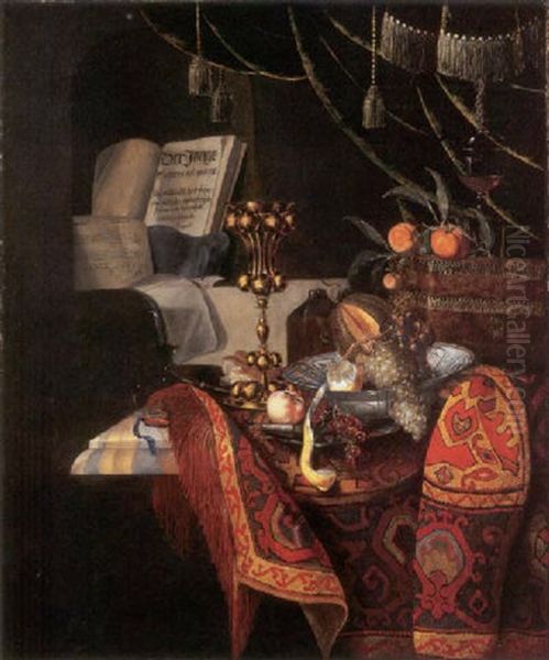 A Bowl Of Grapes, With A Melon , Lemons In A Porcelain Bowl, An Ornamental Vase, A Pocket Watch, A Goblet And Oranges On A Table, With A Book Before A Curtain by Pieter Forbes