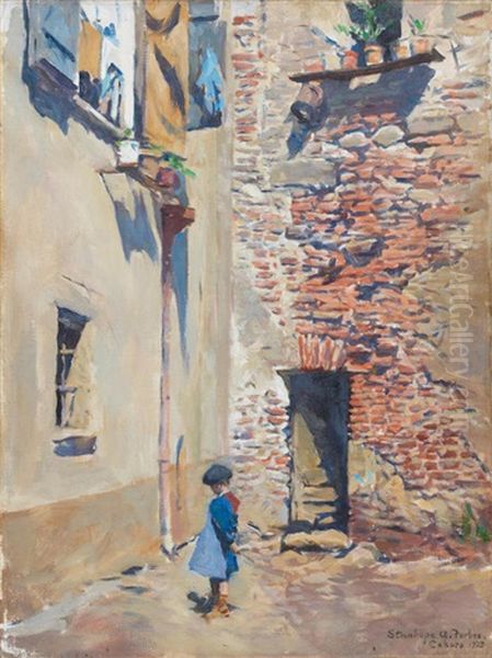 A Girl In A Courtyard, Cahors Oil Painting by Stanhope Forbes