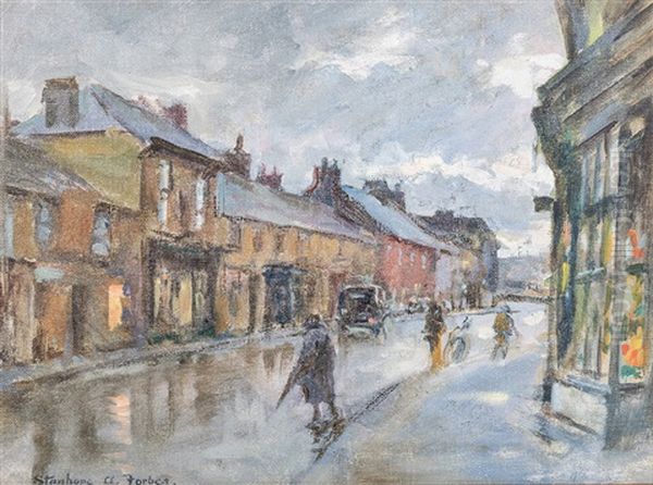 Rainy Street Scene Oil Painting by Stanhope Forbes