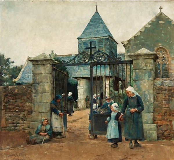 Outside Chapelle Saint-david In Quimperle, Scene From Brittany Oil Painting by Stanhope Forbes