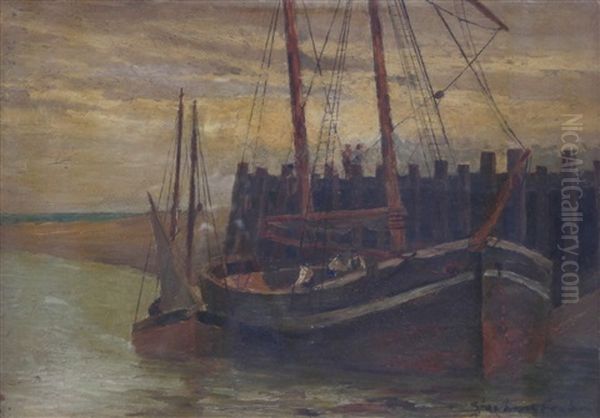 Fishing Boats At A Dock Side Oil Painting by Stanhope Forbes