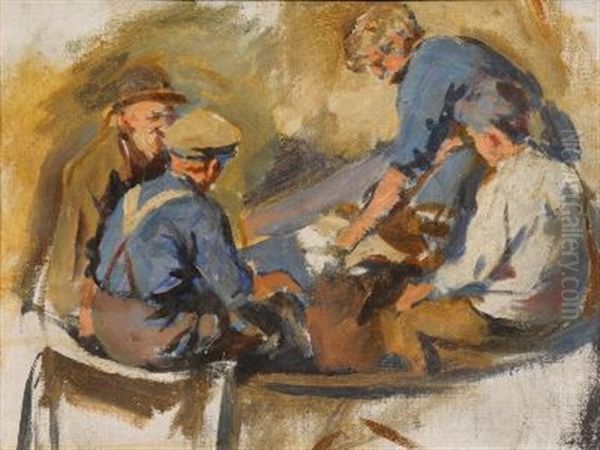 Fishermen Repairing Nets Oil Painting by Stanhope Forbes