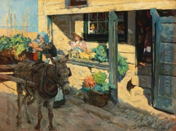 Sunshine And Shadow: The Village Shop Above Newlyn Harbour Oil Painting by Stanhope Forbes