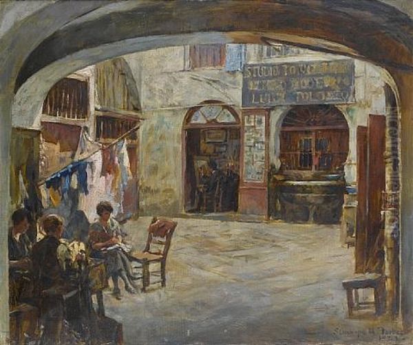 Figures In An Italian Courtyard, Outside The Studio Of Luigi Tolomeo by Stanhope Forbes