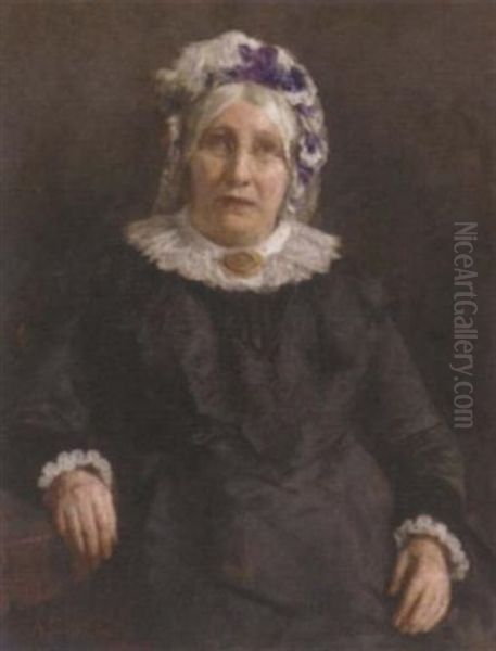 Portrait Of A Lady In A Black Dress And Lace Bonnet Oil Painting by Stanhope Forbes