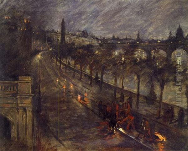 Embankment - Road Menders At Night Oil Painting by Stanhope Forbes