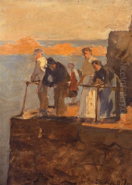 On The Harbour Wall, Mousehole Oil Painting by Stanhope Forbes