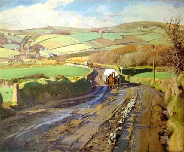 A Cornish Landscape With A Farmer Leading His Horses On A Country Lane Oil Painting by Stanhope Forbes