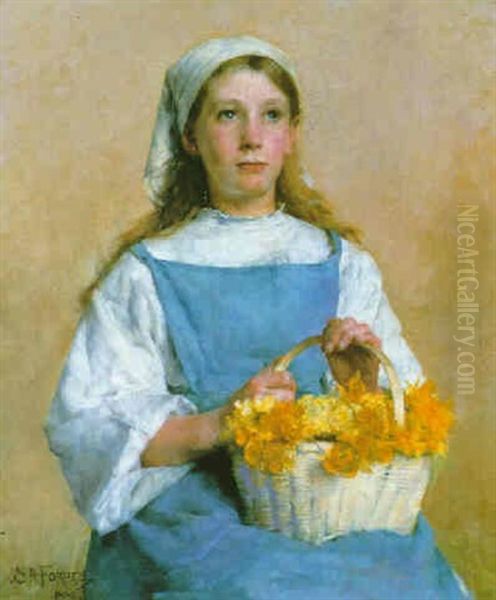 Young Breton Girl With A Basket Of Daffodils Oil Painting by Stanhope Forbes