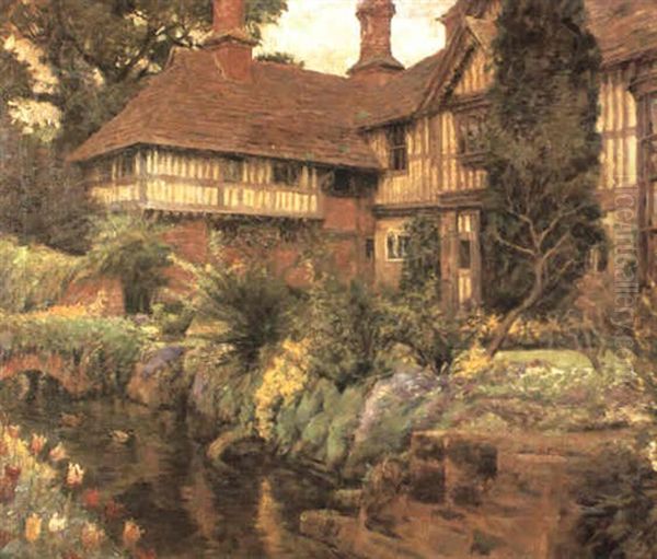 Crowherst Place, Surrey: The West Front Seen From Across The Moat Oil Painting by Stanhope Forbes