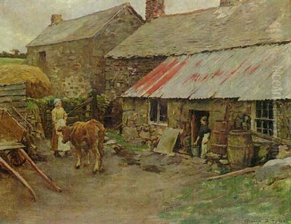 A Cornish Farmyard Oil Painting by Stanhope Forbes