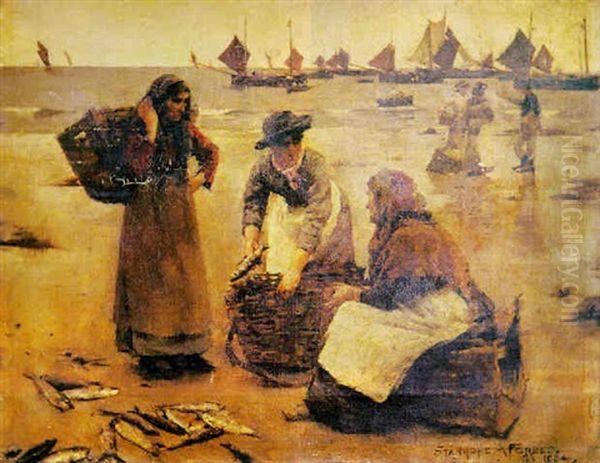 Study For 'a Fish Sale On A Cornish Beach' Oil Painting by Stanhope Forbes