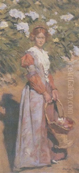 Young Girl With A Basket Of Flowers Oil Painting by Stanhope Forbes