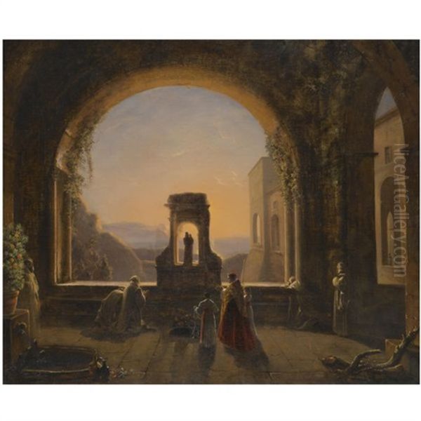 A Religious Service In A Monastery, A Mountainous Landscape Beyond Oil Painting by Louis-Nicolas (Comte de) Forbin