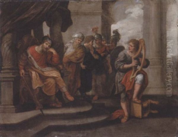 David Playing The Harp Before Saul Oil Painting by Guillaume Forchondt the Elder