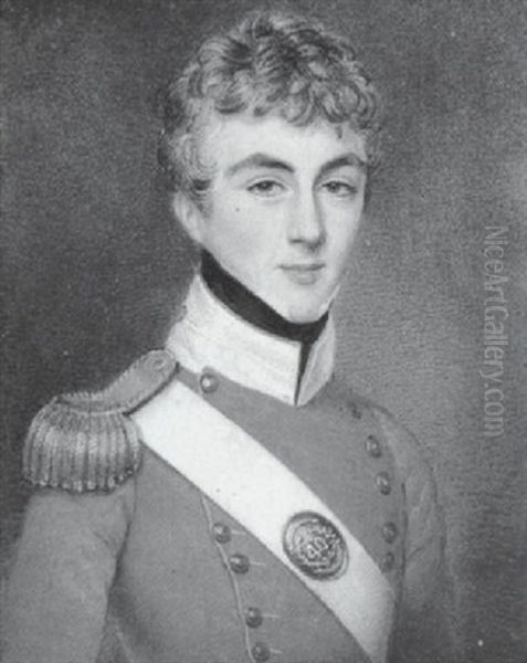 A Young Officer Wearing The Uniform Of The 40th Foot, Scarlet Coat With White Collar, Gold Buttons And Epaulette, White Sword Belt And Black Stock Oil Painting by Charles Ford