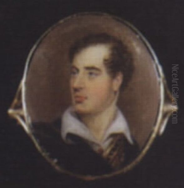 George Gordon Byron, 6th Baron Byron, Wearing Black Cloak Over Albanian Gold-embroidered Tunic And White Shirt Held With Jewelled Brooch Oil Painting by William Bishop Ford