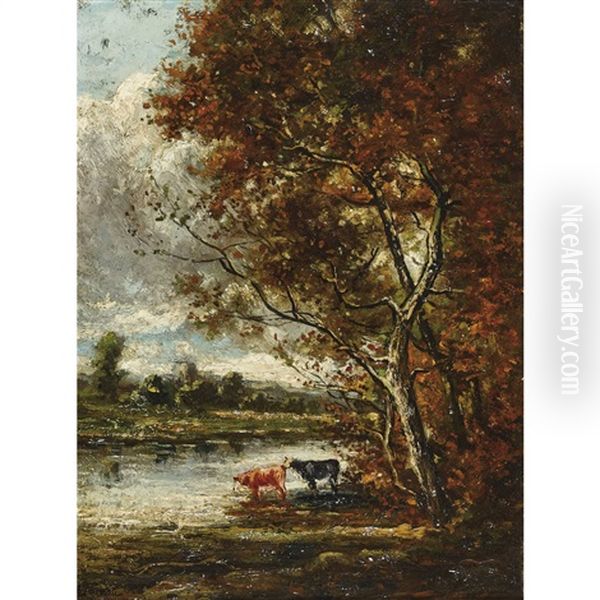 Herbstliche Flusspartie Mit Kuhen Oil Painting by Henri-Louis Foreau