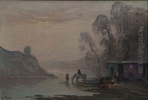 Les Roulottes Au Bord De Riviere Oil Painting by Henri-Louis Foreau