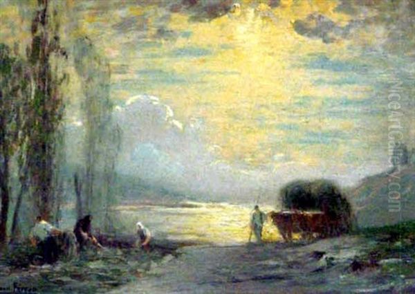 Les Foins A La Tombe Du Jour Au Bord De L'etang Oil Painting by Henri-Louis Foreau